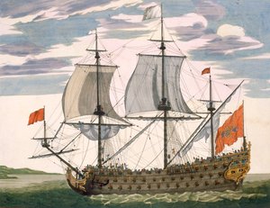 British Navy: ensiluokkainen alus, joka lensi White Ensignilla; kolmikerroksinen Admiralin hytti, "Le Naptune Francois", n. 1693-1700 (käsinvärinen kaiverrus)